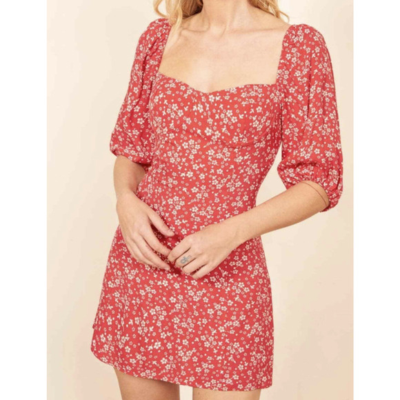 Reformation Kopa Mini Dress Puffed Sleeve Floral Print Red White Size 12 - Picture 3 of 9